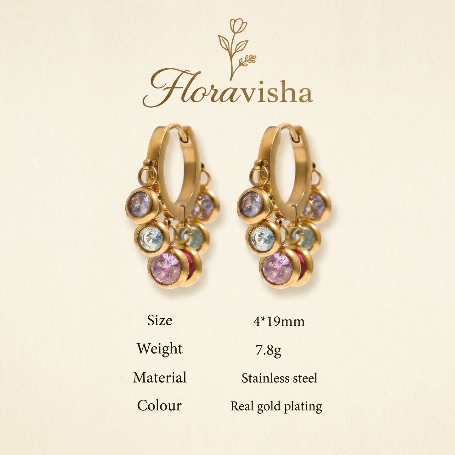 Gold earrings with colorful stones on a beige background, featuring the brand 'Floravisha'.