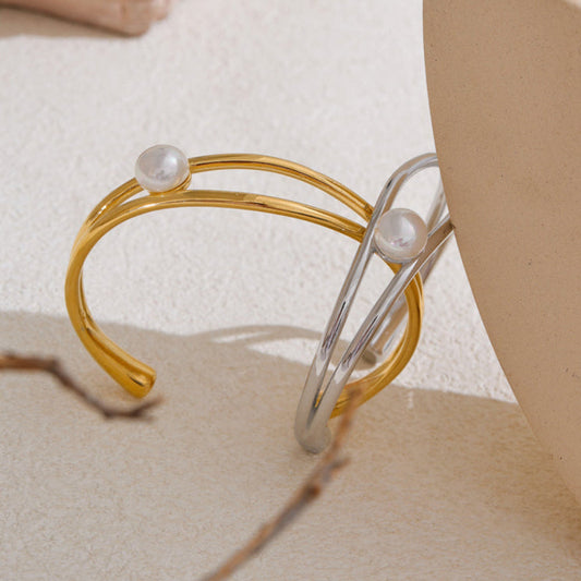 Pearl 18k Gold Plated Open Bracelet