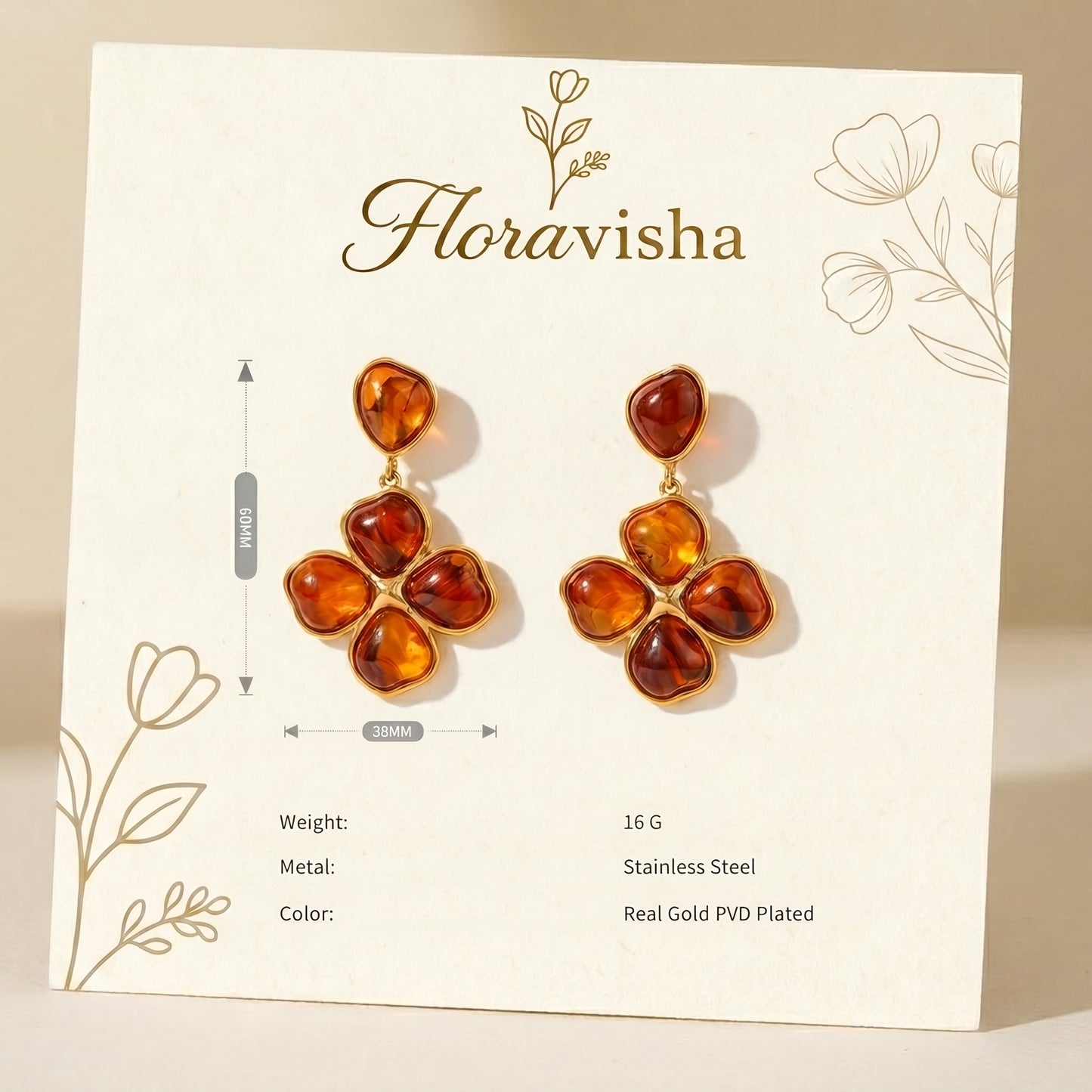 Floravisha earrings on a branded card with product details.