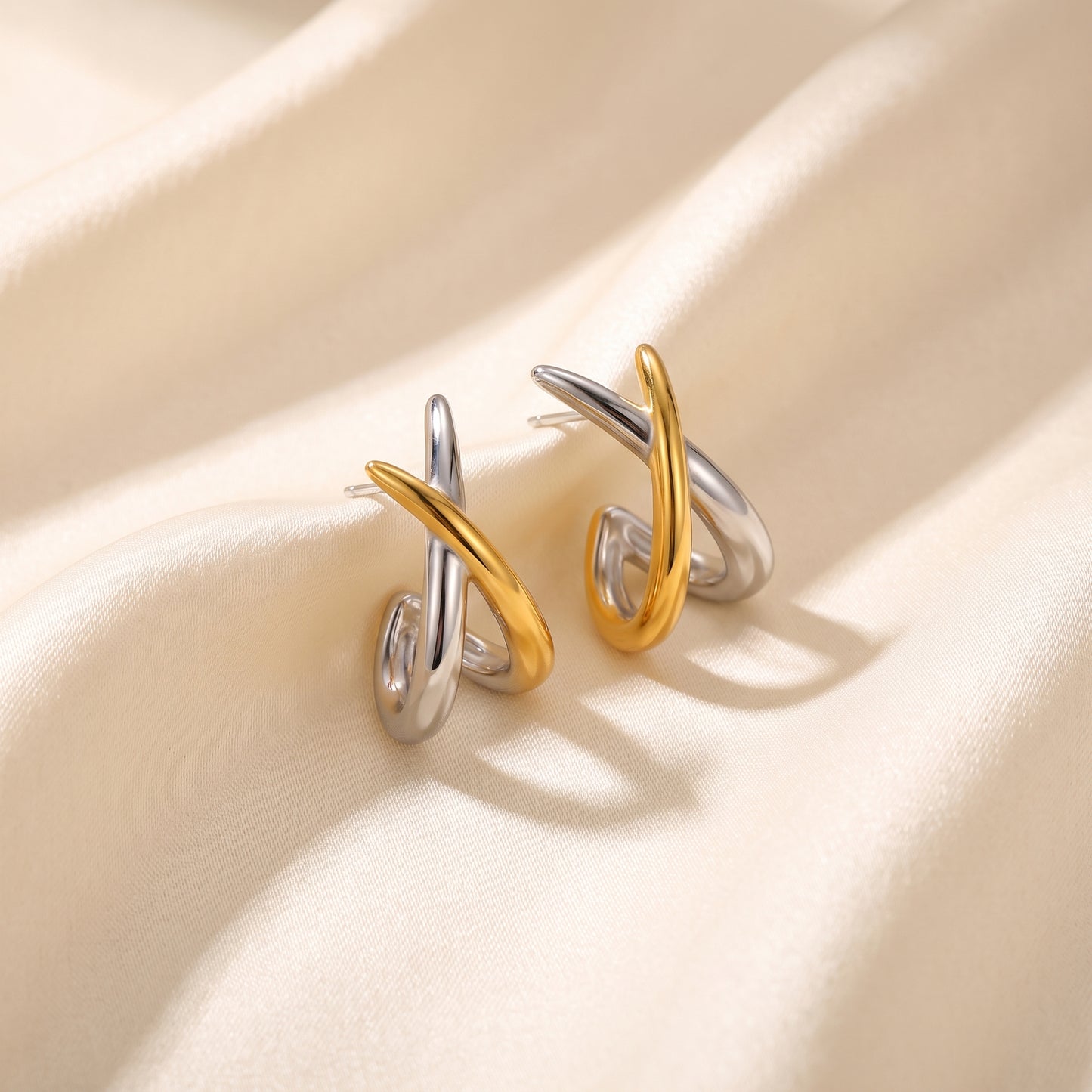 Two-Tone Crossover Hoop Earrings - Waterproof Gold & Silver | Floravisha