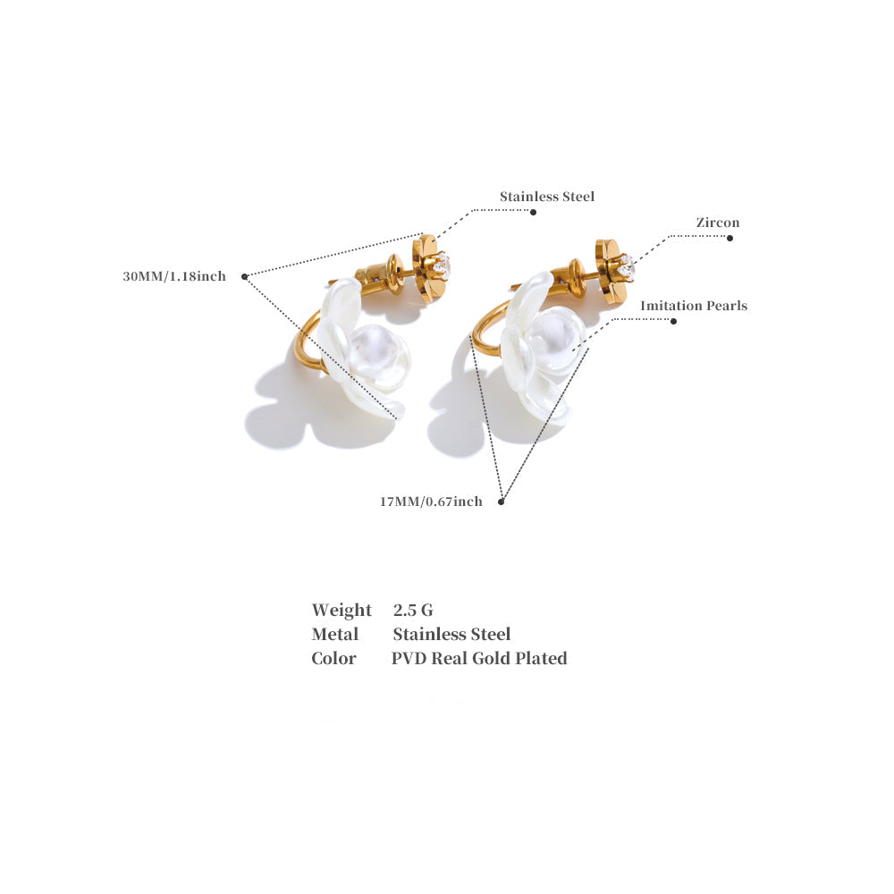 White floral earrings with gold accents on a white background, showing detailed specifications. latest earring models and trending earrings models. new arrivals.