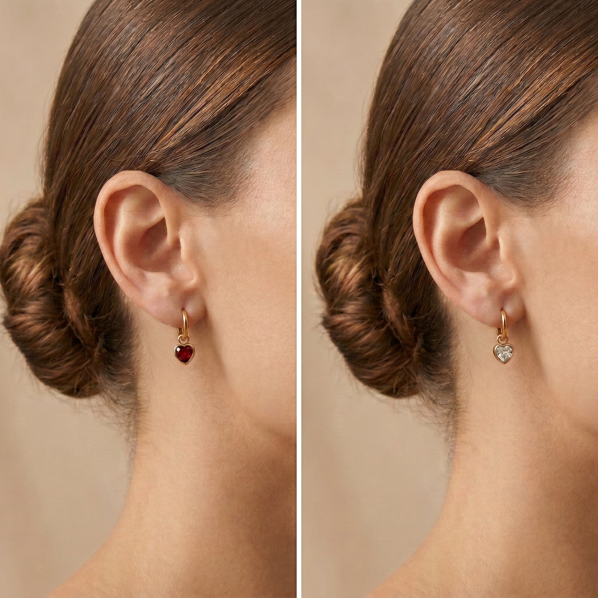 Side-by-side comparison of earrings worn by a person with a neutral background