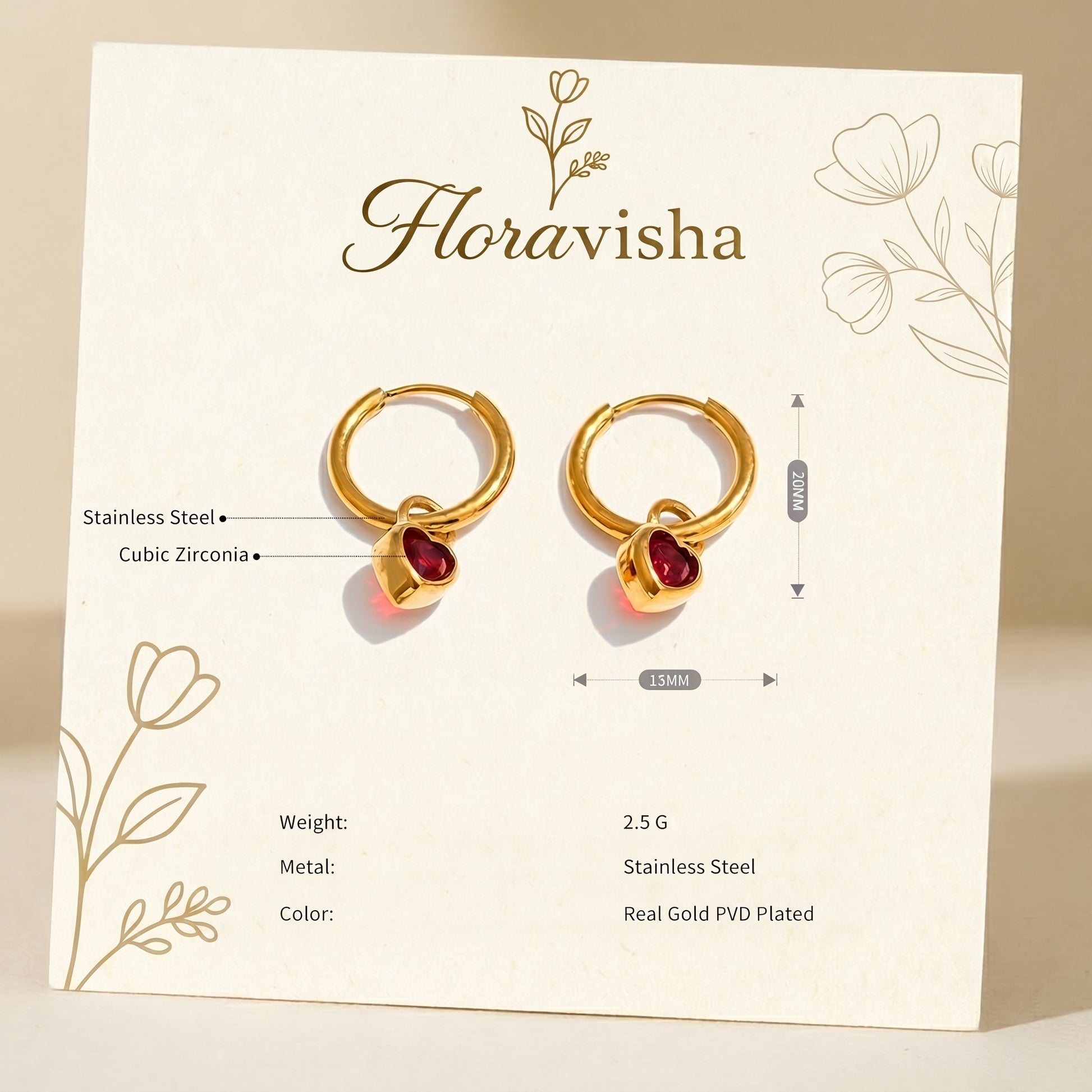 Gold hoop earrings with red heart-shaped stones on a Floravisha branded card.