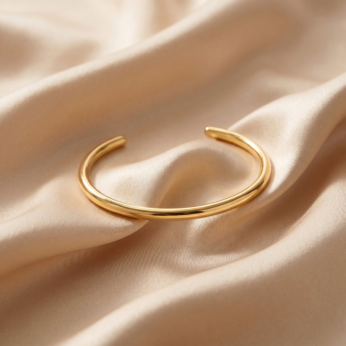 High quality Aura Minimalist Cuff Bangle by Floravisha on a beige fabric background