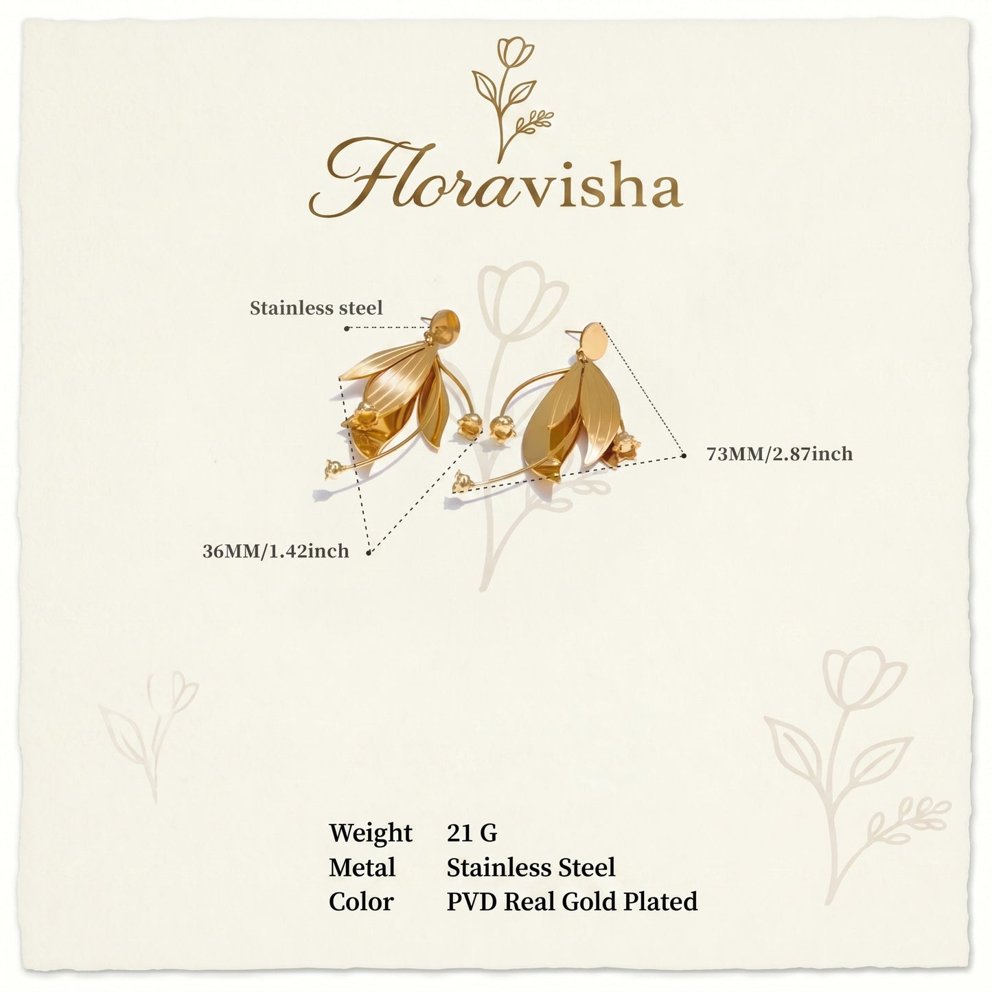 Floravisha earring packaging with product details on a white background