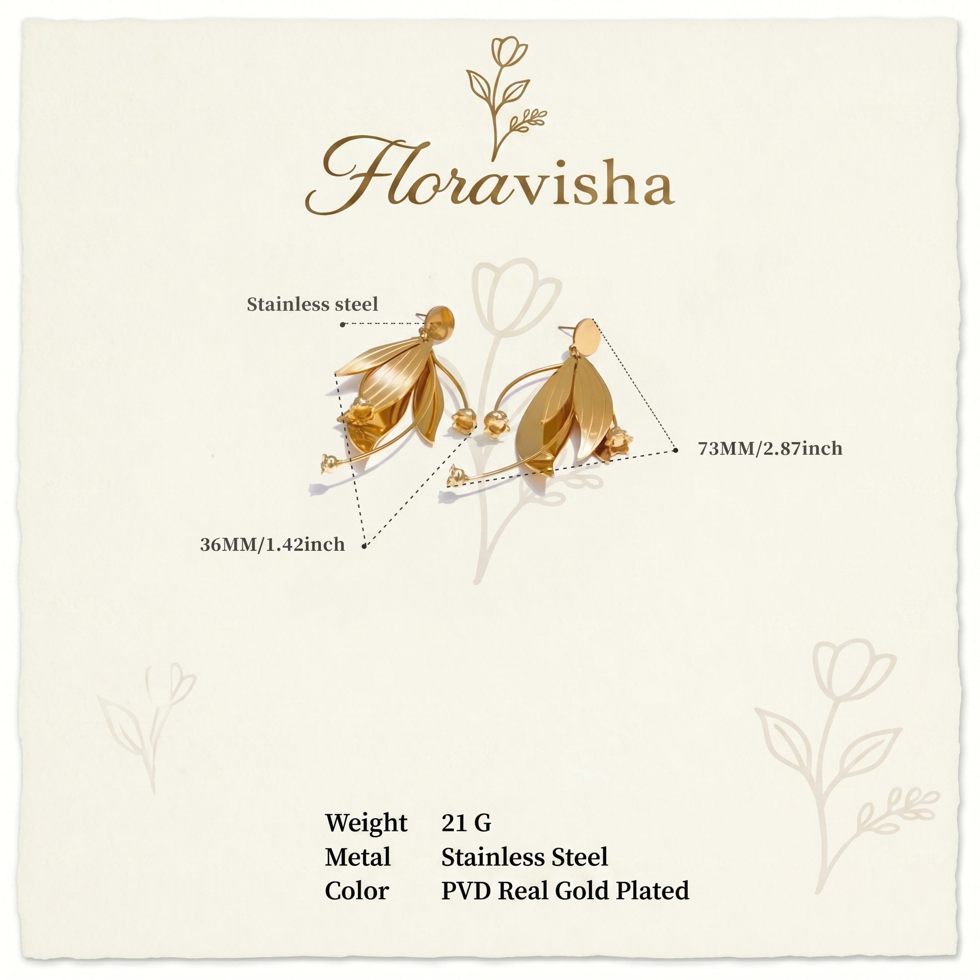 Floravisha earring packaging with product details on a white background