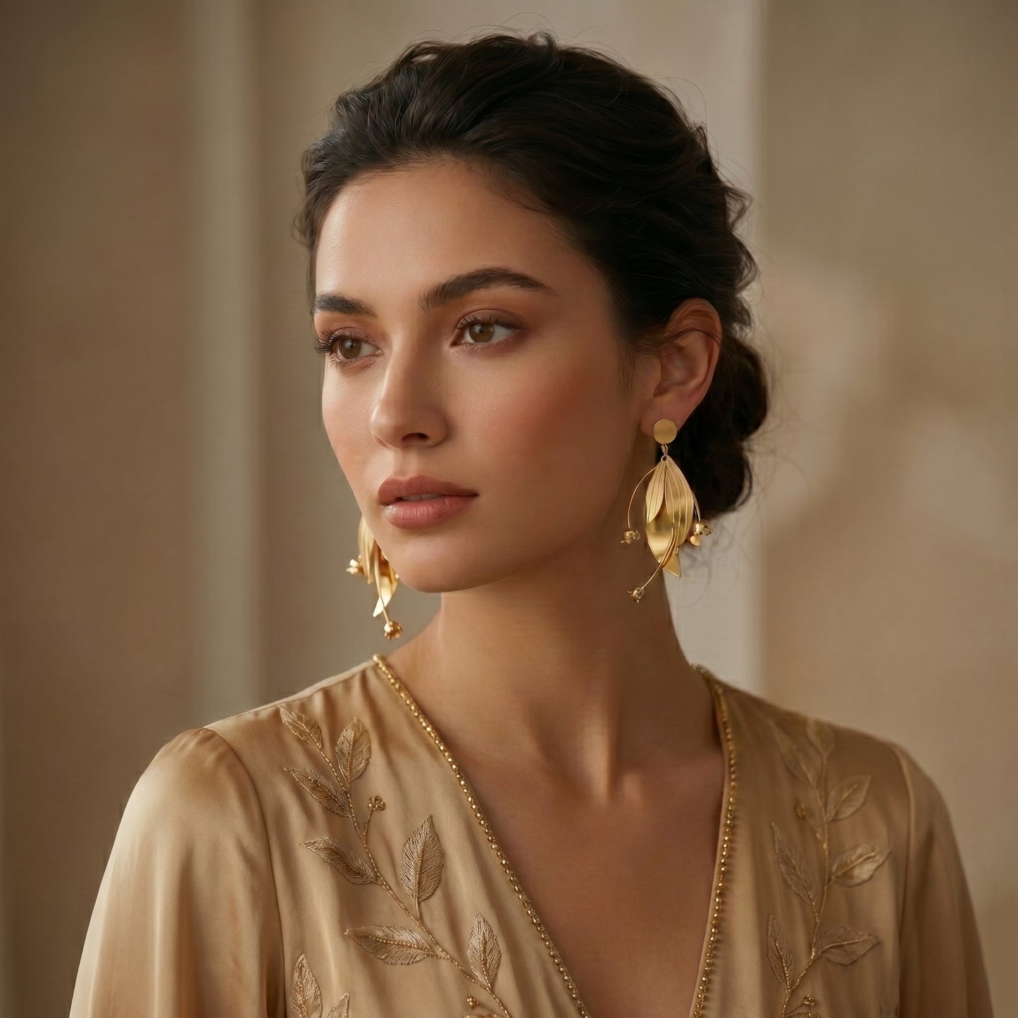 Woman wearing gold earrings High quality waterproof gold plated statement earrings featuring a modern botanical design with sweeping leaves and cascading lily flowers.