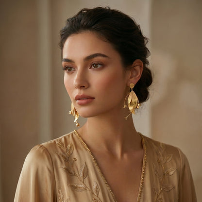 Woman wearing gold earrings High quality waterproof gold plated statement earrings featuring a modern botanical design with sweeping leaves and cascading lily flowers.