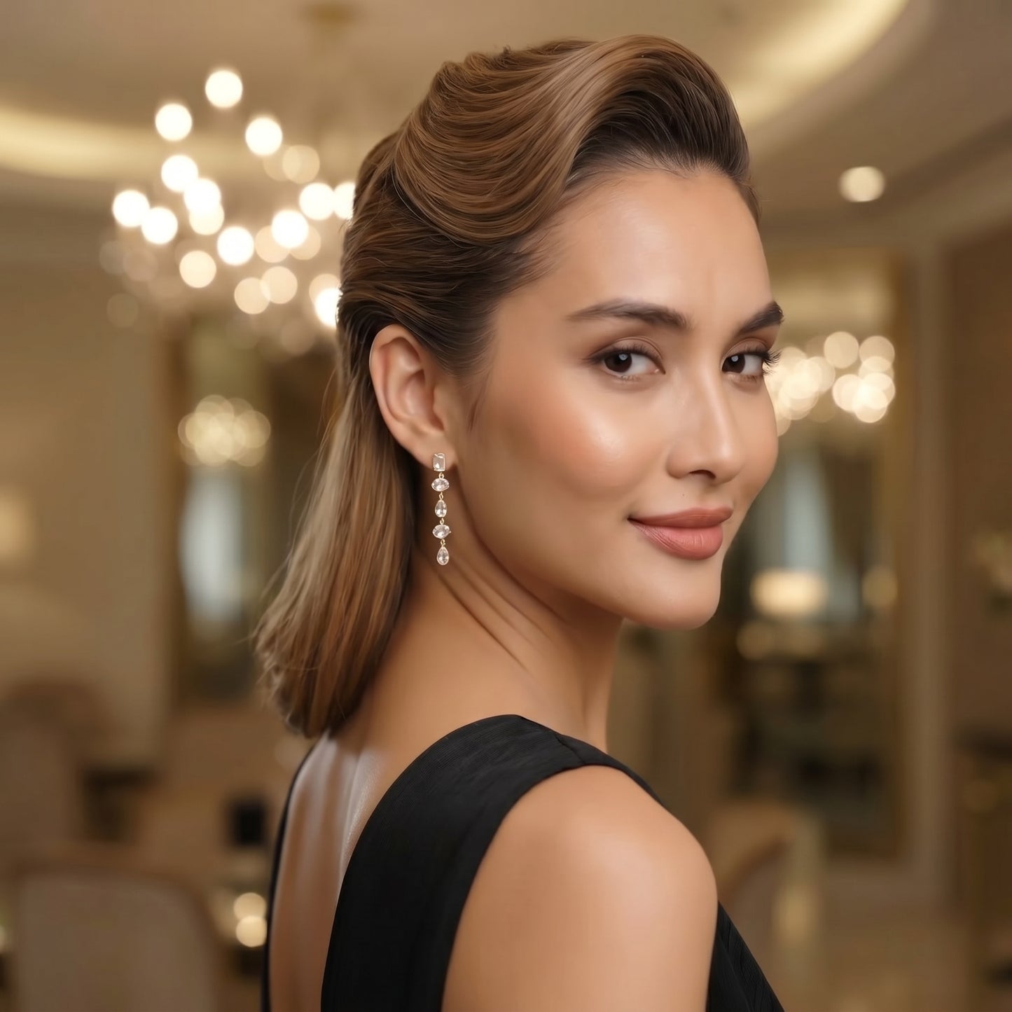 Woman in a black dress with elegant earrings in an indoor setting