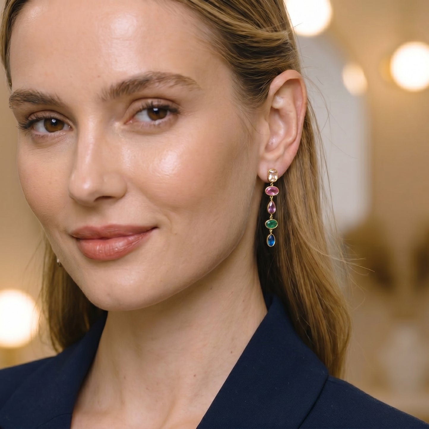 High quality waterproof gold plated cascading drop earrings featuring vibrant multi-color gemstones in champagne, ruby, amethyst, emerald, and sapphire, set against a pristine background.