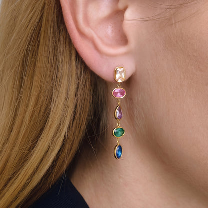 High quality waterproof gold plated cascading drop earrings featuring vibrant multi-color gemstones in champagne, ruby, amethyst, emerald, and sapphire, set against a pristine background.
