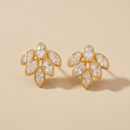 High quality waterproof gold plated stud earrings featuring a modern fan design with clear marquise-cut crystals.