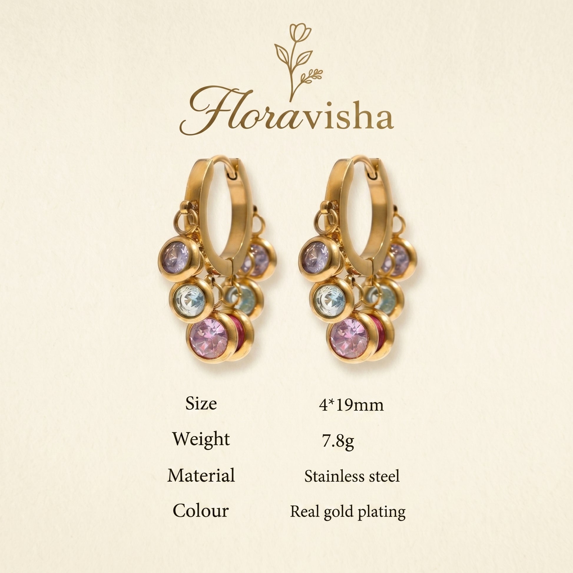 Gold earrings with colorful stones on a beige background, featuring the brand 'Floravisha'.