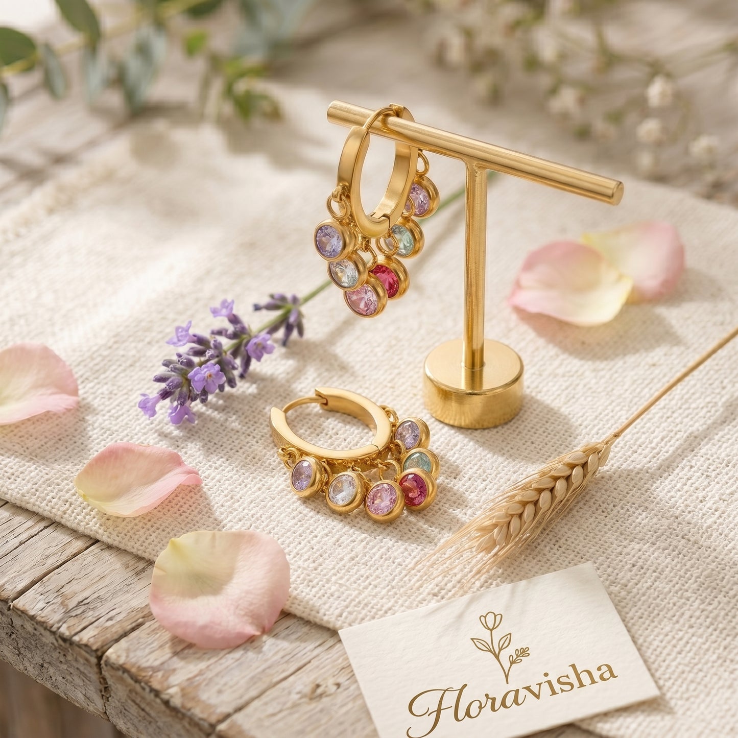 Lifestyle shot of colorful stone gold dangles with lavender and rose petals on a linen surface.