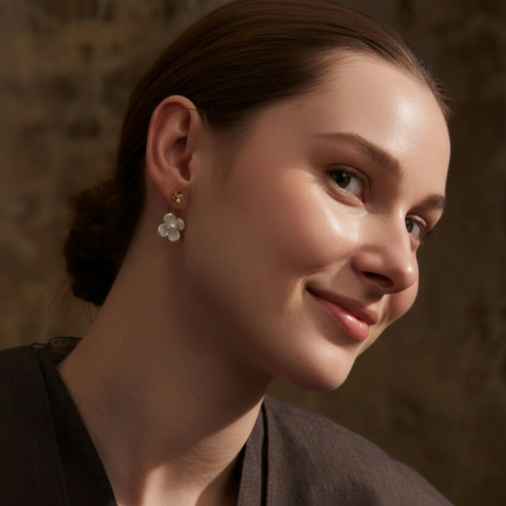 Close-up of a woman wearing floral earrings with a blurred background. latest earring models and trending earrings models. new arrivals.
