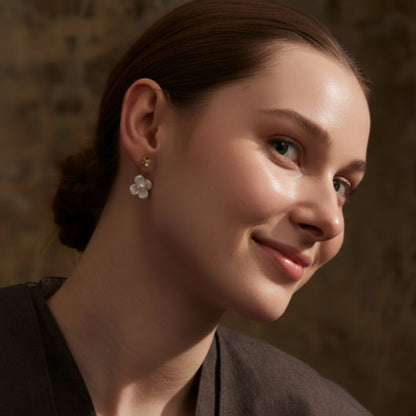 Close-up of a woman wearing floral earrings with a blurred background. latest earring models and trending earrings models. new arrivals.