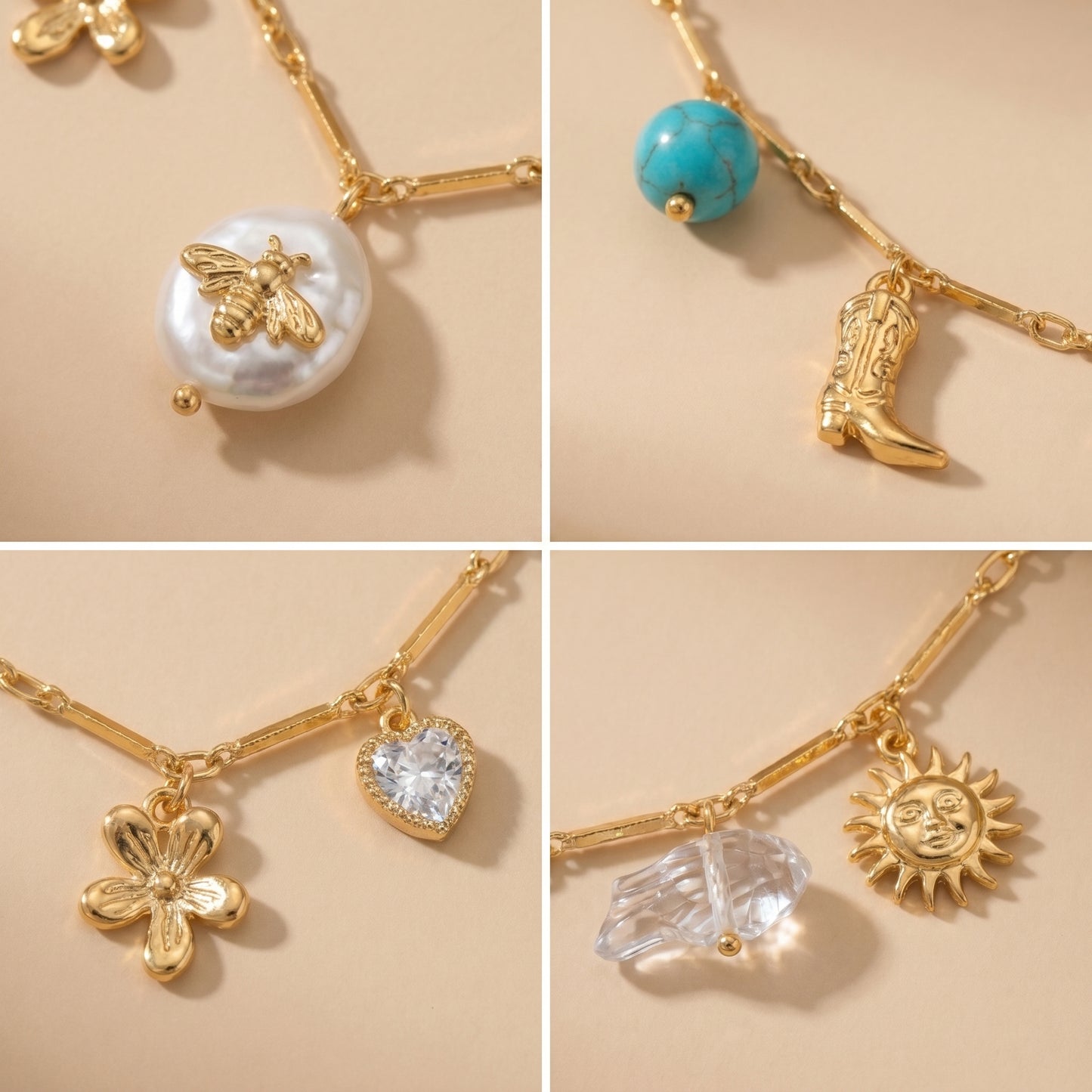 High quality waterproof gold plated charm necklace featuring eclectic pendants including a sun, cowboy boot, bee on a pearl, and a crystal heart.