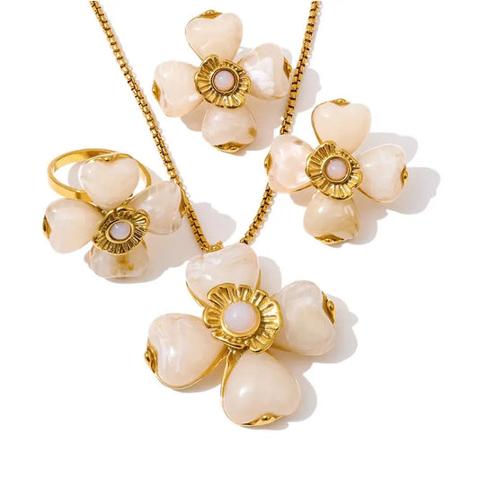 Jewelry set with floral designs featuring gold and pearl accents on a white background. latest earring models and trending earrings models. new arrivals.