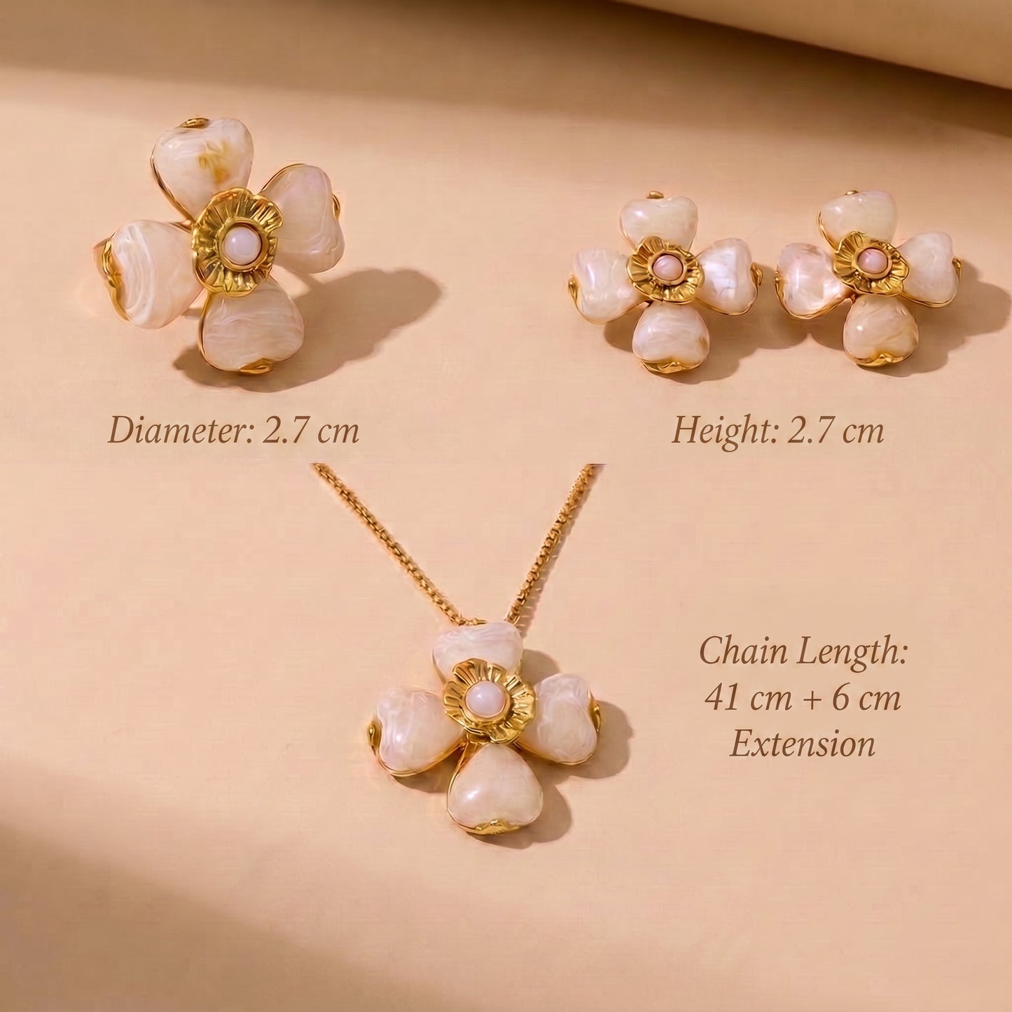 "Detailed measurement guide for the Fleur Bloom jewelry set by Floravisha, showing a 17g necklace with 41cm length, 7g ring, 11.5g earrings, and skin friendly waterproof gold plating.