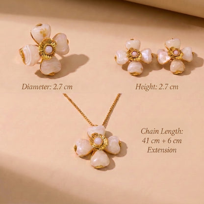 "Detailed measurement guide for the Fleur Bloom jewelry set by Floravisha, showing a 17g necklace with 41cm length, 7g ring, 11.5g earrings, and skin friendly waterproof gold plating.