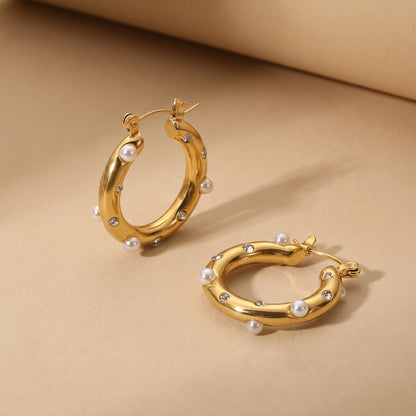 High quality waterproof gold plated chunky hoop earrings featuring scattered pearls and inset crystals.
