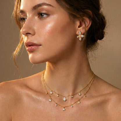 Close-up of a woman wearing Dainty gold beaded satellite chain necklace featuring alternating dangling mini starburst charms and clear crystal drops. highlighting its tarnish-free and skin friendly finish against a neutral background.