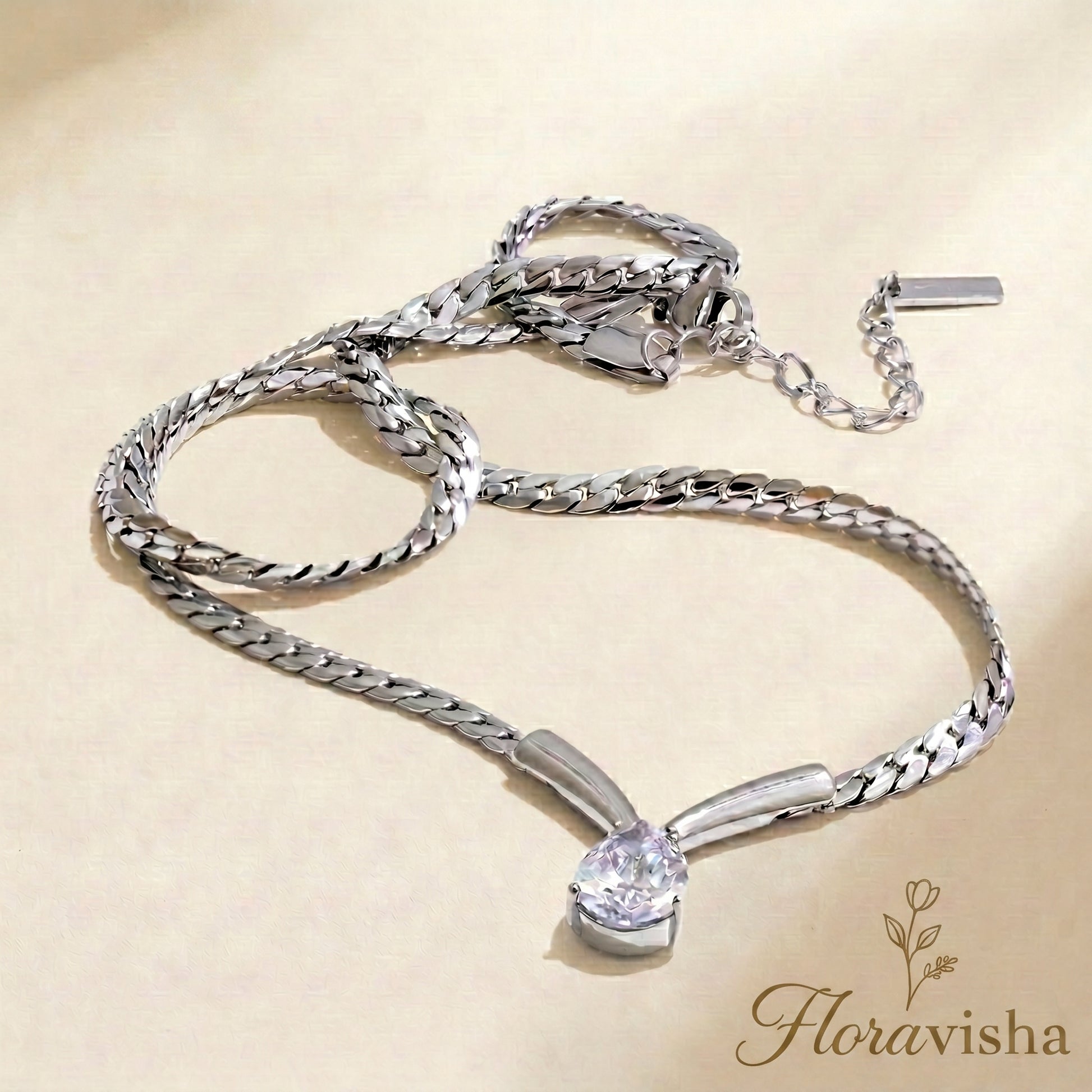 platinum snake chain necklace with teardrop crystal pendant, minimalist adjustable jewelry for women.