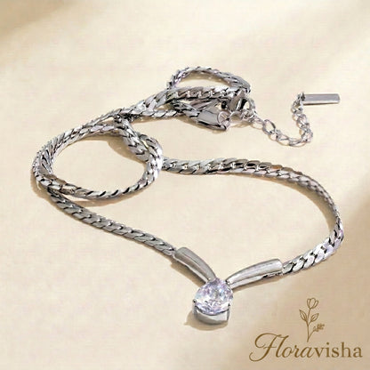 platinum snake chain necklace with teardrop crystal pendant, minimalist adjustable jewelry for women.
