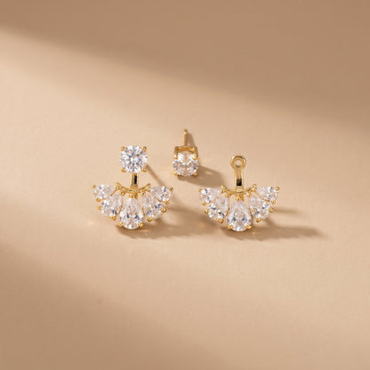 High quality waterproof gold plated 2-in-1 convertible fan earrings featuring a round solitaire stud and an interchangeable fanned crescent of clear crystals, on a clean white background.