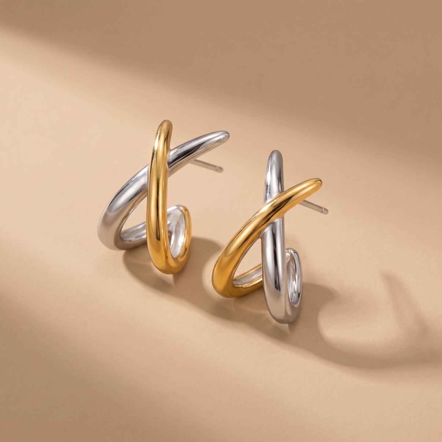 Two-Tone Crossover Hoop Earrings - Waterproof Gold & Silver | Floravisha