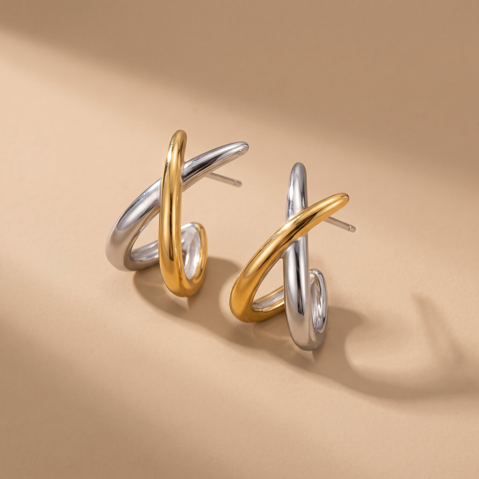 Two-Tone Crossover Hoop Earrings - Waterproof Gold & Silver | Floravisha