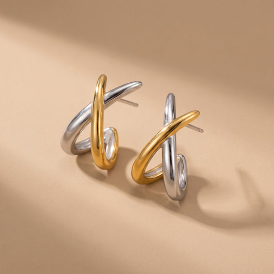 Two-Tone Crossover Hoop Earrings - Waterproof Gold & Silver | Floravisha
