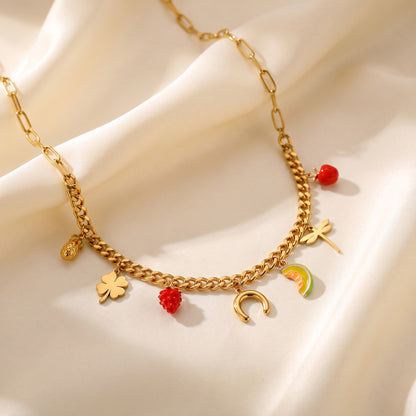 Sizing guide for high quality Verona Eclectic Charm Necklace showing 46cm chain, 20.7g weight, and waterproof gold plating.