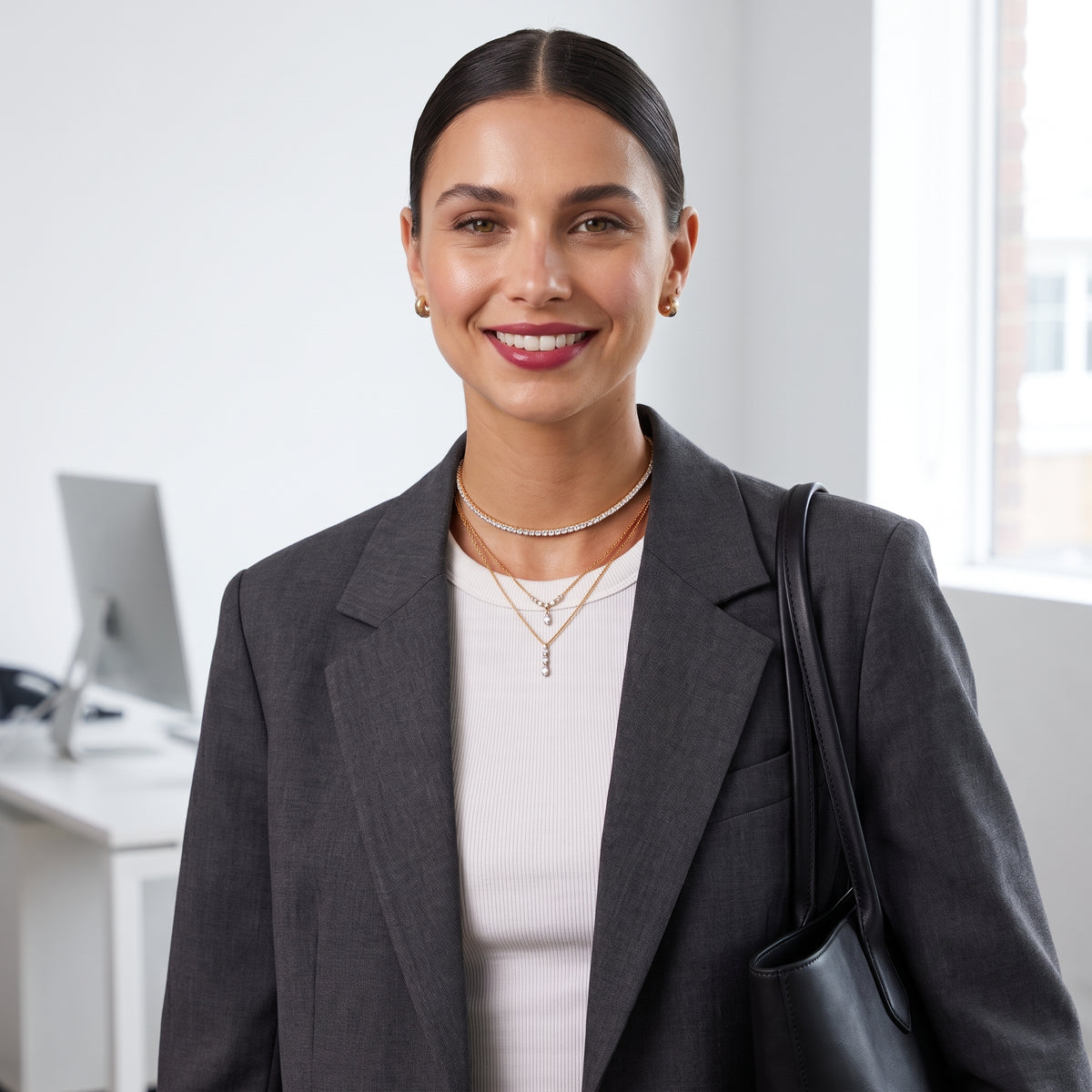 Editorial portrait of a woman wearing the skin friendly Étoile gold half tennis choker layered in a tailored charcoal blazer for modern luxury workwear.