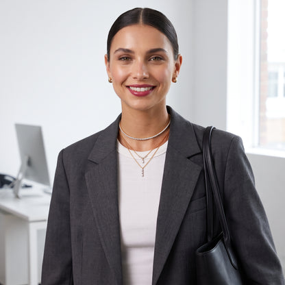 Editorial portrait of a woman wearing the skin friendly Étoile gold half tennis choker layered in a tailored charcoal blazer for modern luxury workwear.