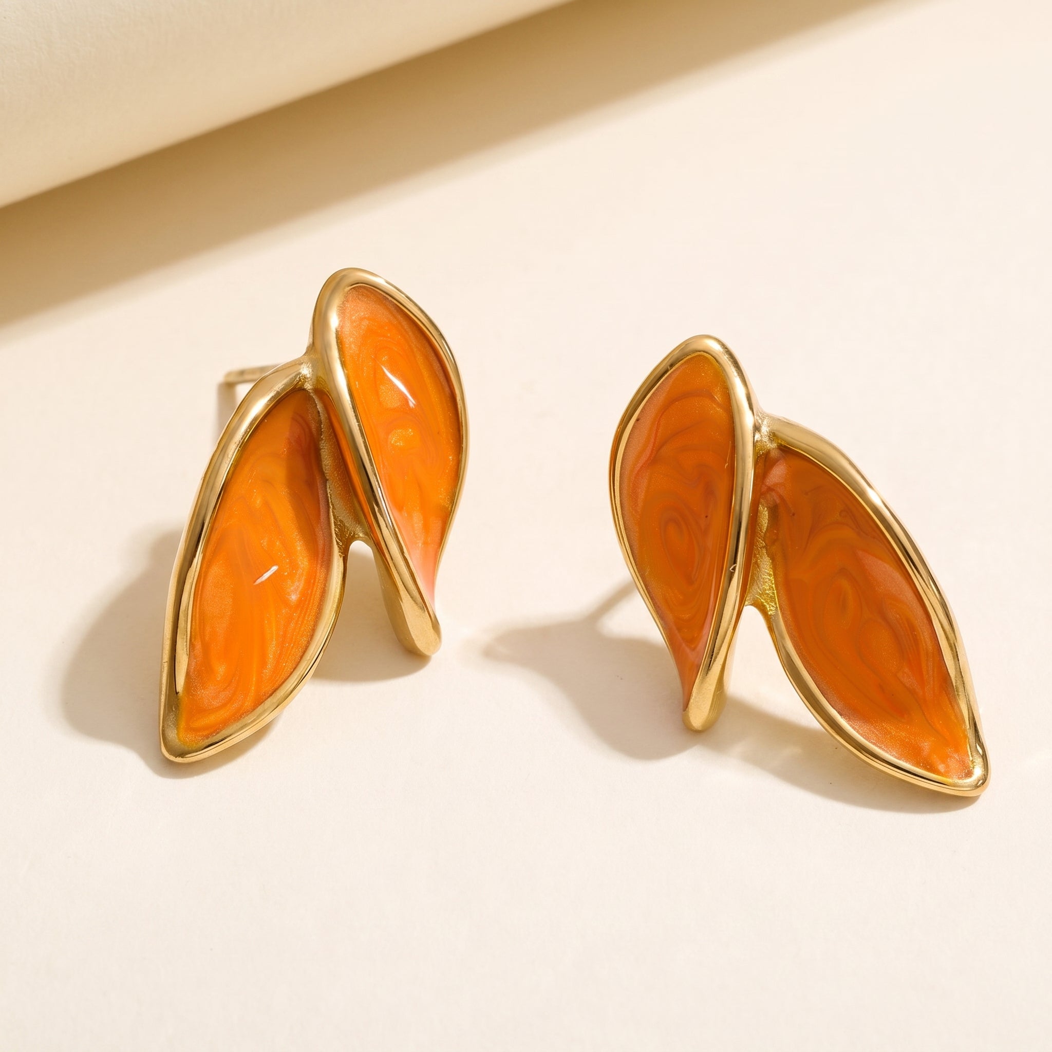 Gold Leaf Enamel Earrings – Minimalist Statement Earrings for Women